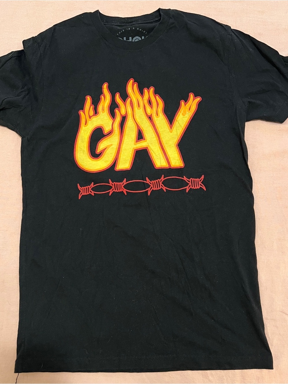 Black Short-Sleeve Graphic Tee with Yellow Flame 'GAY' Print